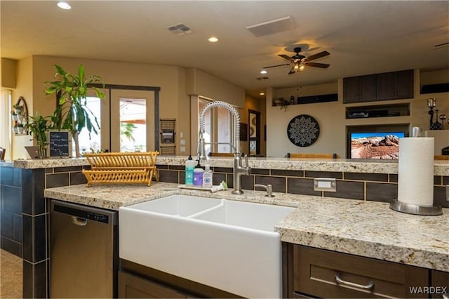 kitchen featuring recessed lighting, visible vents, a sink, ceiling fan, and dishwasher