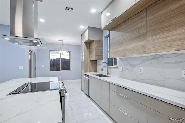 kitchen with stainless steel appliances, a sink, light stone countertops, modern cabinets, and island exhaust hood