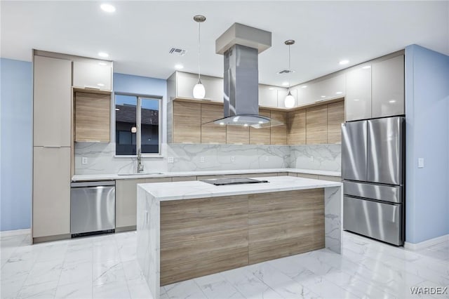 kitchen with island range hood, modern cabinets, decorative light fixtures, marble finish floor, and stainless steel appliances