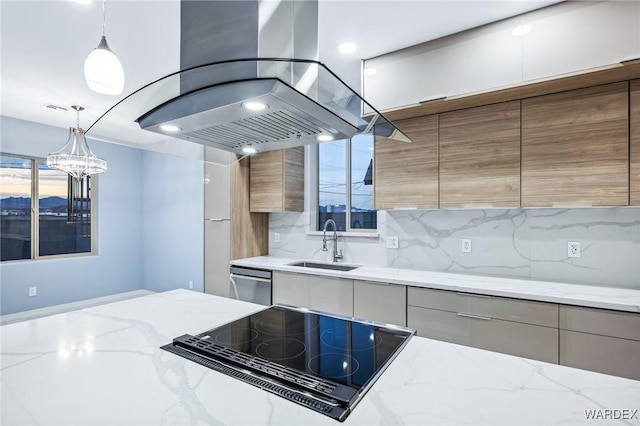 kitchen with island exhaust hood, modern cabinets, a sink, light stone countertops, and dishwasher