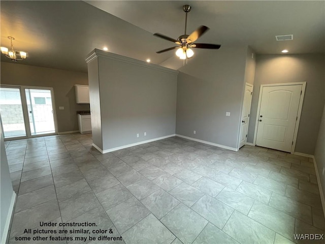 empty room featuring ceiling fan with notable chandelier, recessed lighting, visible vents, and baseboards