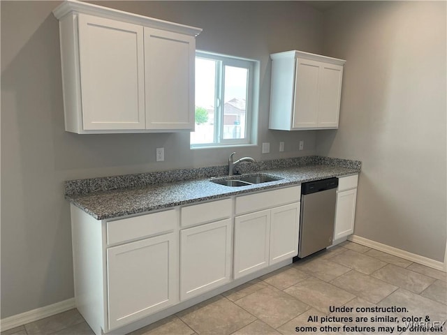 kitchen with a sink, dark countertops, white cabinetry, and dishwasher