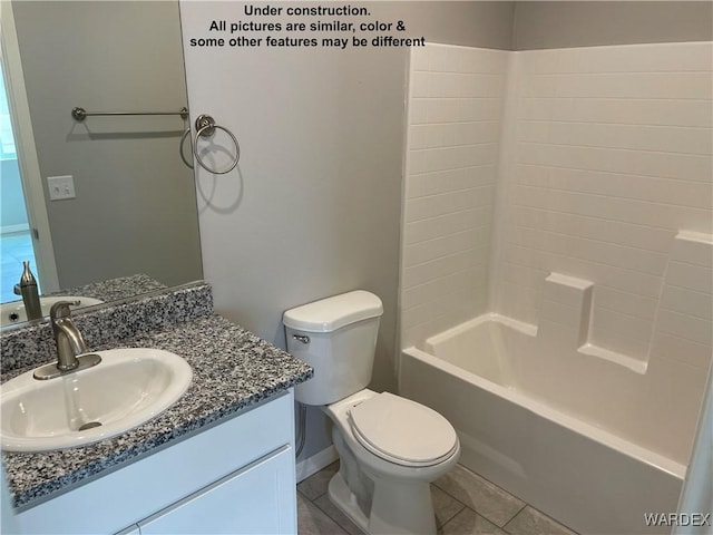 bathroom featuring toilet, tile patterned floors, shower / tub combination, and vanity