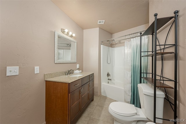 full bath featuring visible vents, toilet, tile patterned flooring, shower / bath combo with shower curtain, and vanity