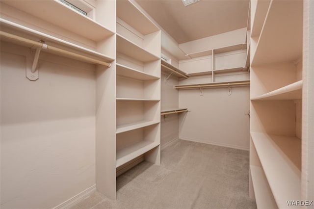 spacious closet featuring light colored carpet