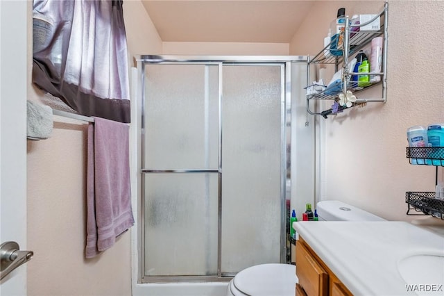 bathroom with a shower stall, toilet, and vanity