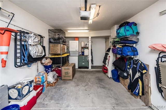 garage with a garage door opener and refrigerator