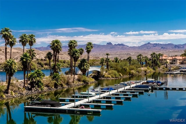 view of water feature featuring a mountain view and a floating dock