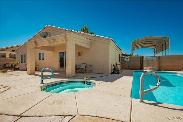 view of pool featuring a fenced in pool, an in ground hot tub, a patio, and fence