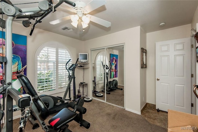 workout area featuring visible vents, plenty of natural light, a ceiling fan, and carpet flooring