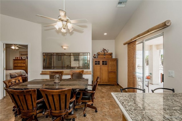 dining space with recessed lighting, visible vents, and a ceiling fan