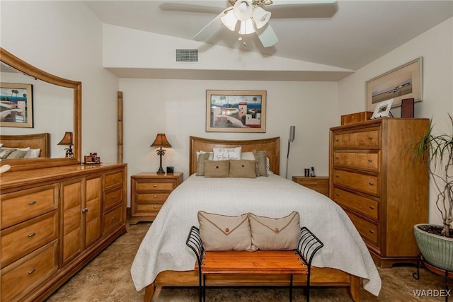 bedroom featuring vaulted ceiling, visible vents, and ceiling fan