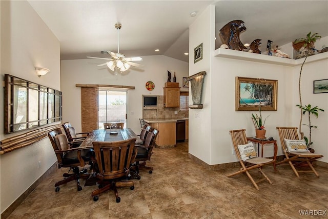 dining room featuring recessed lighting, baseboards, a ceiling fan, and vaulted ceiling