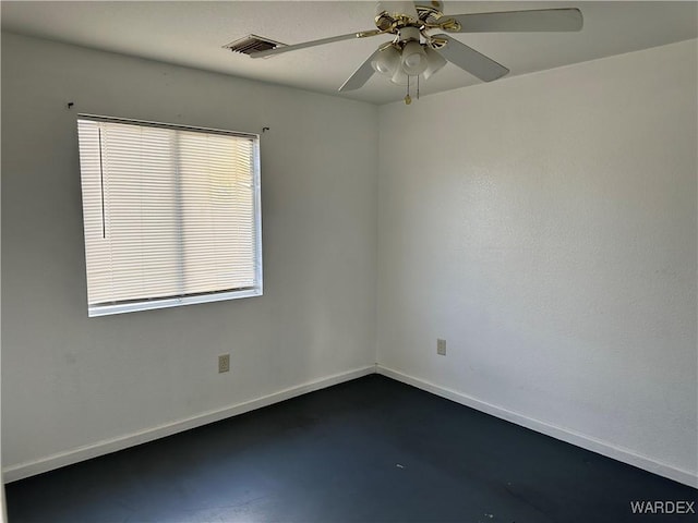 empty room with baseboards, finished concrete floors, visible vents, and a ceiling fan