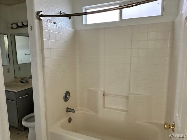 full bathroom with toilet, washtub / shower combination, and vanity