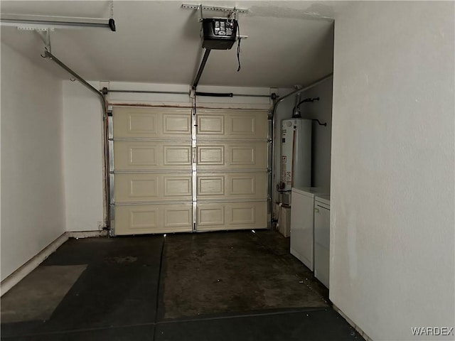 garage featuring water heater and a garage door opener