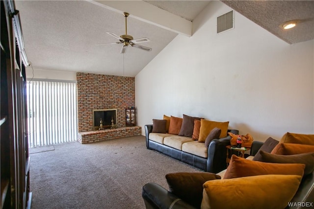 living room featuring visible vents, ceiling fan, a textured ceiling, beamed ceiling, and carpet flooring