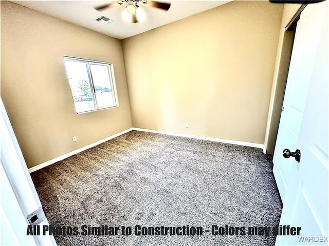 carpeted spare room featuring a ceiling fan, visible vents, and baseboards