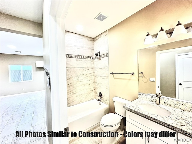 full bathroom featuring bathtub / shower combination, toilet, visible vents, vanity, and marble finish floor