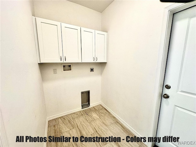 laundry room featuring hookup for a washing machine, cabinet space, electric dryer hookup, and baseboards