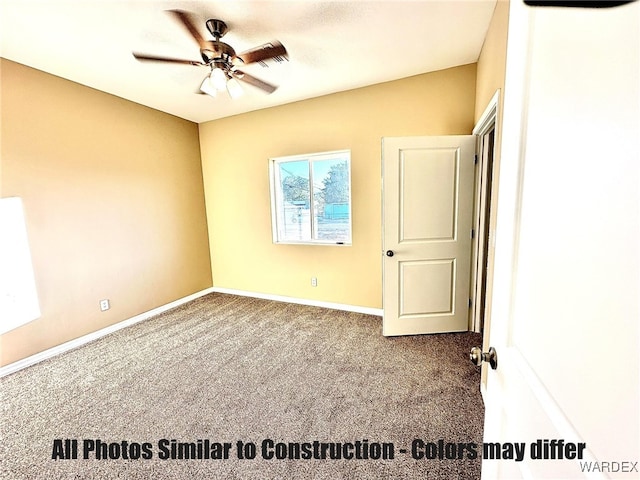 unfurnished bedroom with ceiling fan, carpet, and baseboards