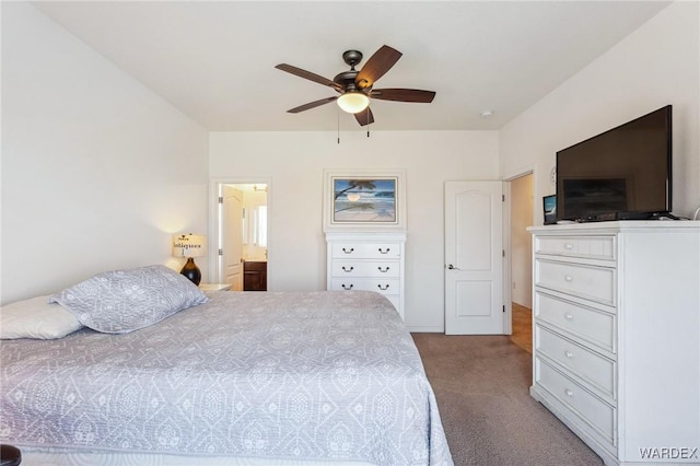 bedroom featuring a ceiling fan and light colored carpet