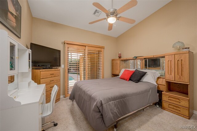 bedroom featuring visible vents, a ceiling fan, light carpet, vaulted ceiling, and access to outside