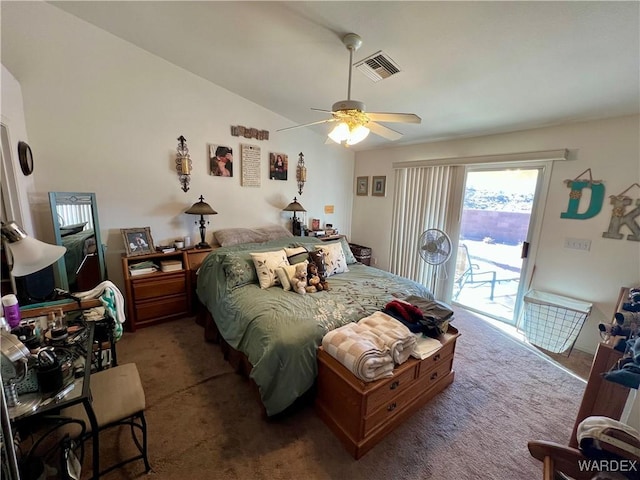 bedroom featuring access to exterior, carpet, visible vents, and vaulted ceiling