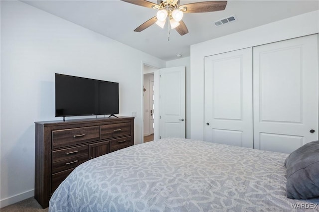 bedroom featuring a ceiling fan, a closet, visible vents, and baseboards