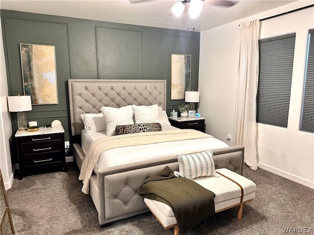 bedroom with baseboards, carpet flooring, a ceiling fan, and a decorative wall