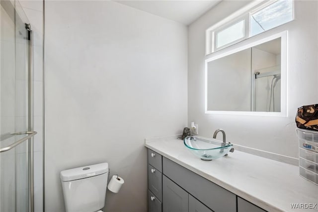 bathroom with toilet, a stall shower, and vanity