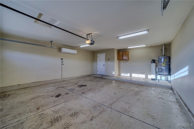 garage with a wall unit AC, water heater, baseboards, and a garage door opener