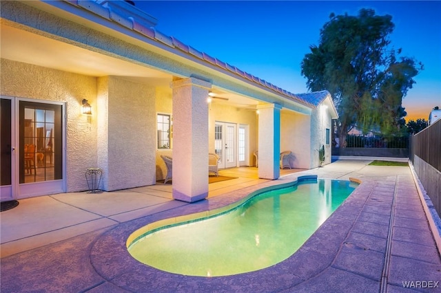 1878 E Clear Lake Dr, Fort Mohave, AZ 86426 - view of swimming pool with a patio area, french doors, a fenced in pool, and fence