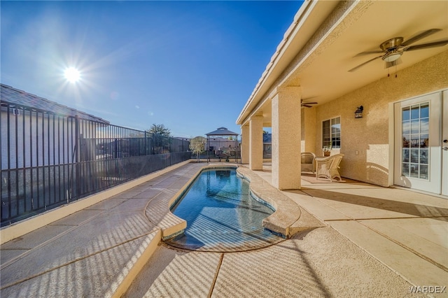 1878 E Clear Lake Dr, Fort Mohave, AZ 86426 - view of pool with a patio area, a fenced backyard, a ceiling fan, and a fenced in pool