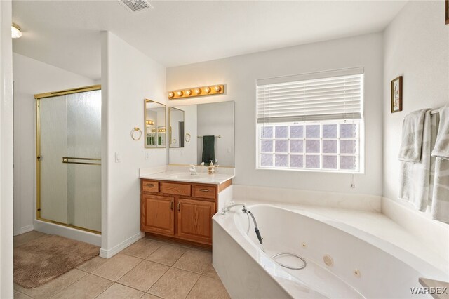 bathroom featuring visible vents, a shower stall, vanity, tile patterned flooring, and a whirlpool tub