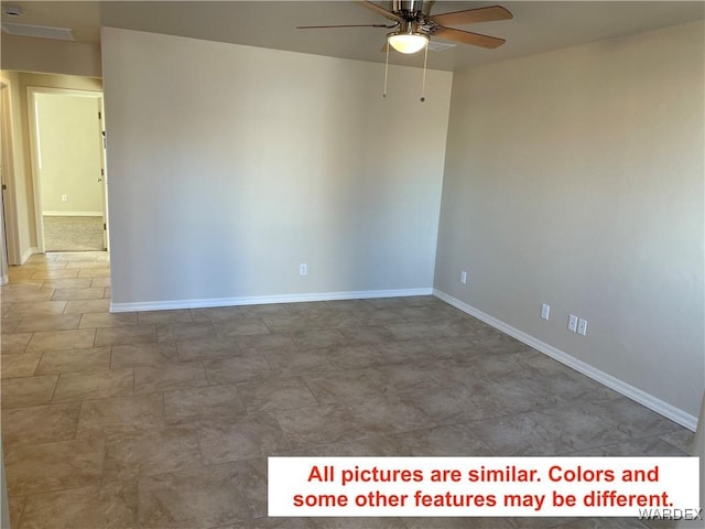 unfurnished room featuring baseboards and a ceiling fan