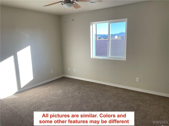 unfurnished room featuring a ceiling fan, carpet flooring, and baseboards