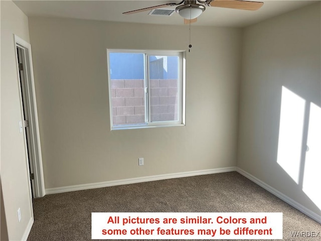 spare room with visible vents, carpet, a ceiling fan, and baseboards