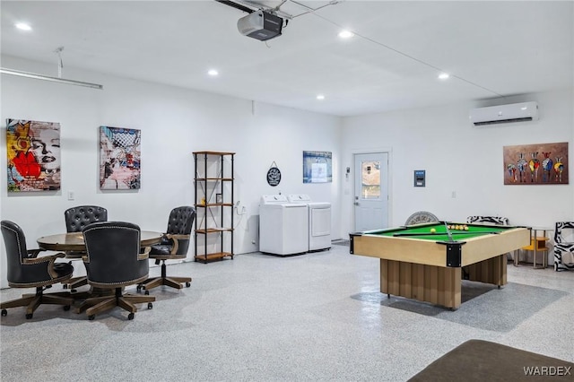 playroom with light speckled floor, a wall unit AC, washer and clothes dryer, recessed lighting, and billiards