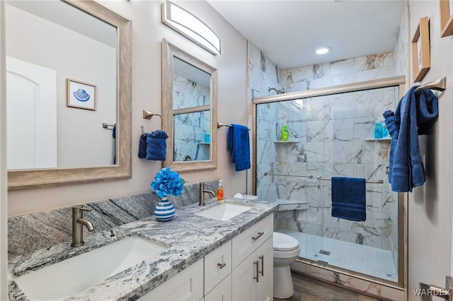 full bathroom featuring toilet, a sink, and a marble finish shower