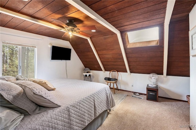 carpeted bedroom with visible vents, wood ceiling, and lofted ceiling