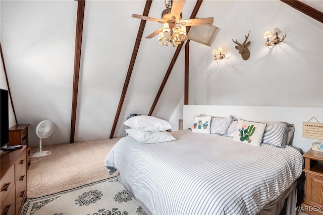 bedroom featuring carpet floors and lofted ceiling