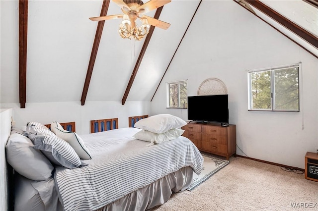 bedroom featuring lofted ceiling with beams, ceiling fan, and light carpet