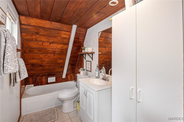 bathroom with wooden ceiling, tile patterned floors, a bathing tub, vanity, and toilet