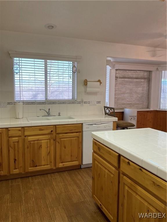 kitchen with dark wood finished floors, tile countertops, tasteful backsplash, a sink, and dishwasher