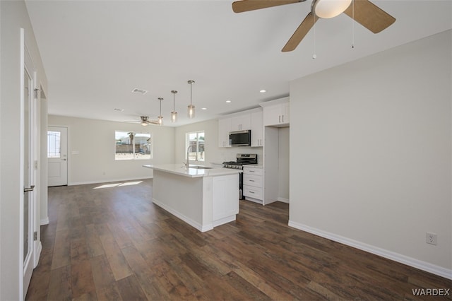 kitchen featuring open floor plan, appliances with stainless steel finishes, dark wood-style floors, and a healthy amount of sunlight