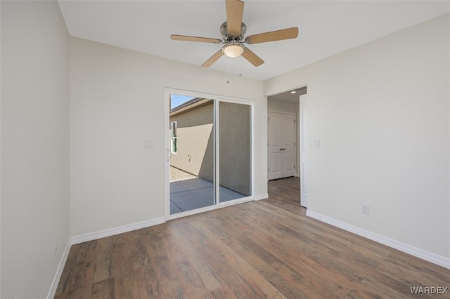 unfurnished bedroom with a ceiling fan, baseboards, and wood finished floors