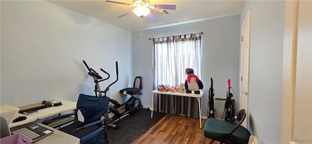 workout room with visible vents, ceiling fan, and wood finished floors