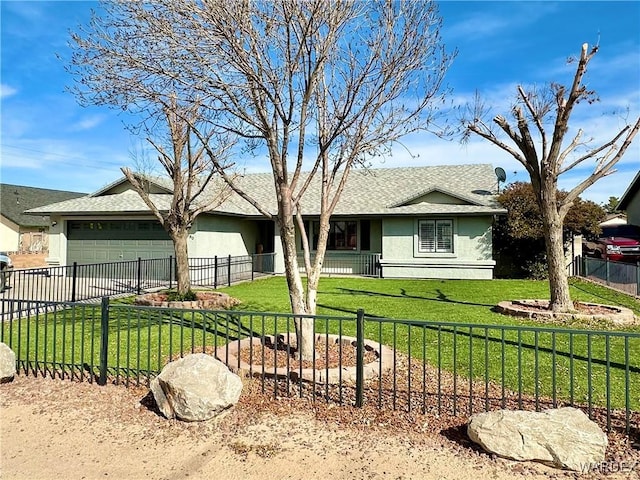 ranch-style home featuring an attached garage, a fenced front yard, a front yard, and stucco siding