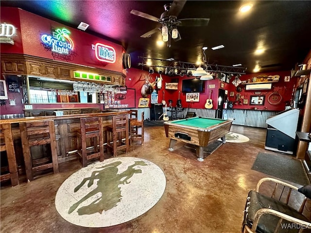 game room featuring ceiling fan, a dry bar, and billiards